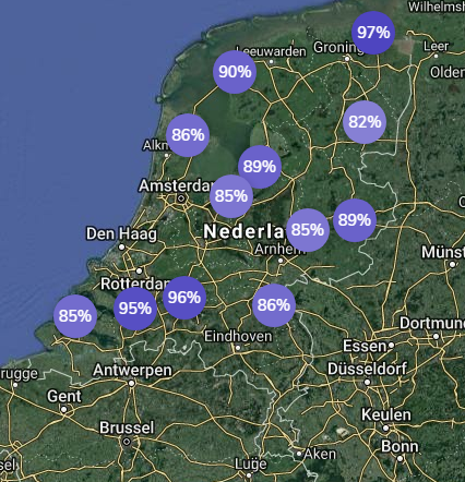 Luchtvochtigheid gemeten door de Sencrop weerpalen op vrijdag 12 juli.